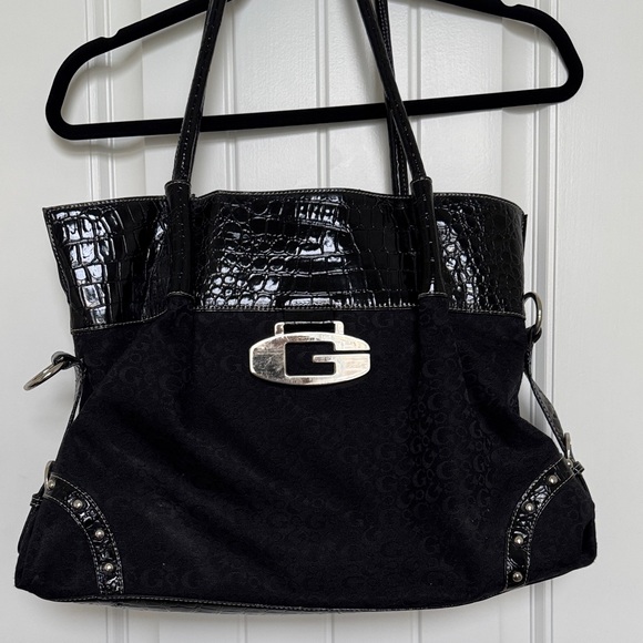 Elegant Black Tote Bag with Croc-Embossed Trim - Picture 1 of 6